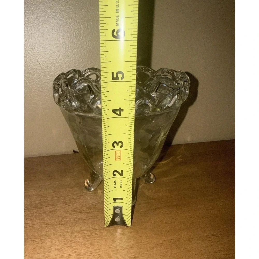Vintage Clear Glass Etched Floral Footed Bowl Ruffled Crimped Rim 5 Inch Vase